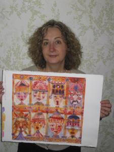 Winning Artist Joanna Allen holding her original artwork for the 2018 Fringe Programme Cover competition