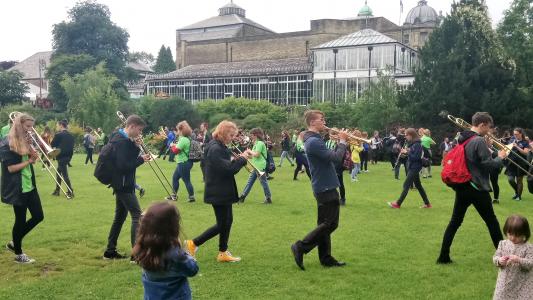 Nottingham Music Service - young orchestras from the UK and Germany flashmob the Pavilion Gardens in 2017