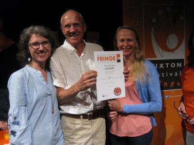 Shakespeare Jukebox: from left to right Maria Carnegie, Dick Silson and Jayne Marling with their Street Theatre Award (credit: Dan Osborne 2018)

