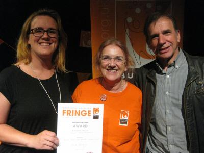 Buxton Studio Choir representatives, from left to right: Ruth Bowring, Linda Rolland and Fred Rolland, with their Vocal Performance award (credit: Dan Osborne 2018)