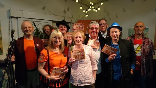 Fringe chair Keith Savage (left) joins performers and Fringe committee members to celebrate the publication of the 2018 programme (credit: Dan Osborne 2018)