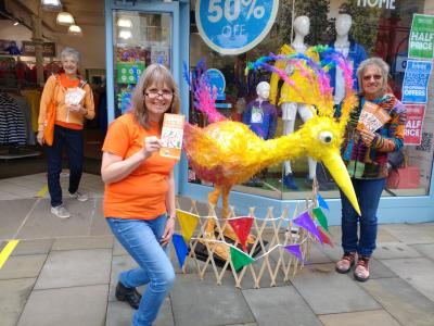 Marketing officer Stephanie Billen joins Viv Marriott (behind) and sculptor Andrea Lewis plus Floella the bird to launch Fringe 2020 (credit: Rob Harrison)