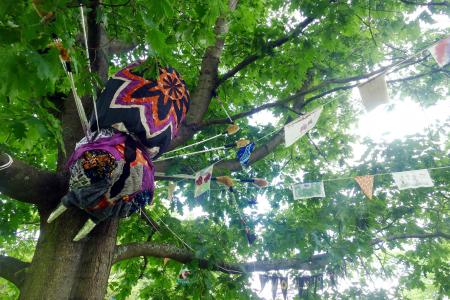 Anansi and bunting, Stroies of Buxton from Two Left Hands  - part of Up Here Sculpture Trail (credit: Donald Judge 2021)