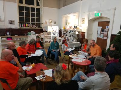 A committee meeting takes place after the 2021 AGM at the Green Man Gallery