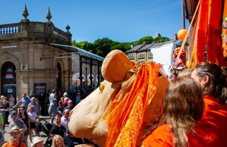 Aslan the lion looks on at crowds as the Fringe/BIF carnival float journeys through the town (credit: Alan Wilkinson, Chapel Camera Club 2022)