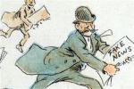 Cartoon of a man running clutching a newspaper which says Fake News on it