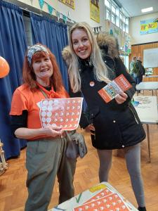 Catherine is giving out stickers at Burbage Primary School's Community Day! (credit: Stephanie Billen 2025)