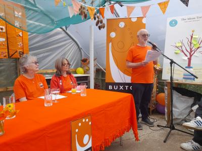 Fringe Chair Ian Bowns addresses the audience at the Fringe Awards with Vice Chair Jeanette Hamilton and Marketing Officer Stephanie Billen looking on (credit: Carole Garner 2025)