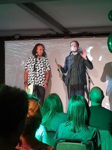 Underground founders Yaz Al-Shaater and Tom Crawshaw take the stage at the Fringe Launch Party 2025 (credit: Carole Garner)