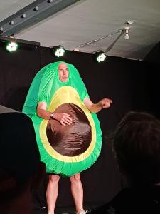 John Hobson promotes his show Funny Onion dressed as an avocado (credit: Stephanie Billen)