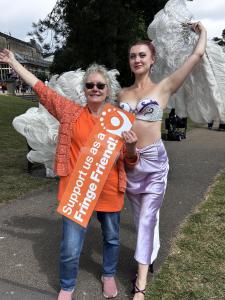 Jeanette enjoys some publicity for Fringe Friends along with Scarlett Whispers (credit: Moira Kean 2026)