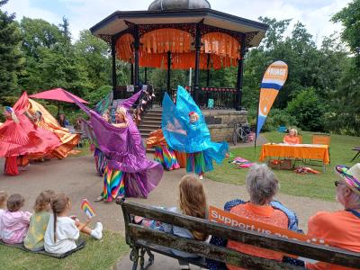 Bella's Belly Dancers take to the stage in front of the bandstand at Fringe Saturday (credit: Stephanie Billen 2026)
